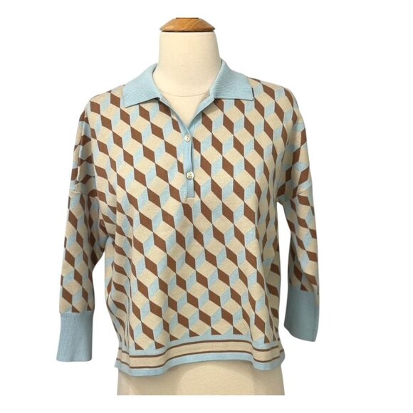 Tuckernuck Clayton Knit Polo Top Light Blue Tan Retro Boxy 3/4 Sleeve Size XS/S - Picture 1 of 8